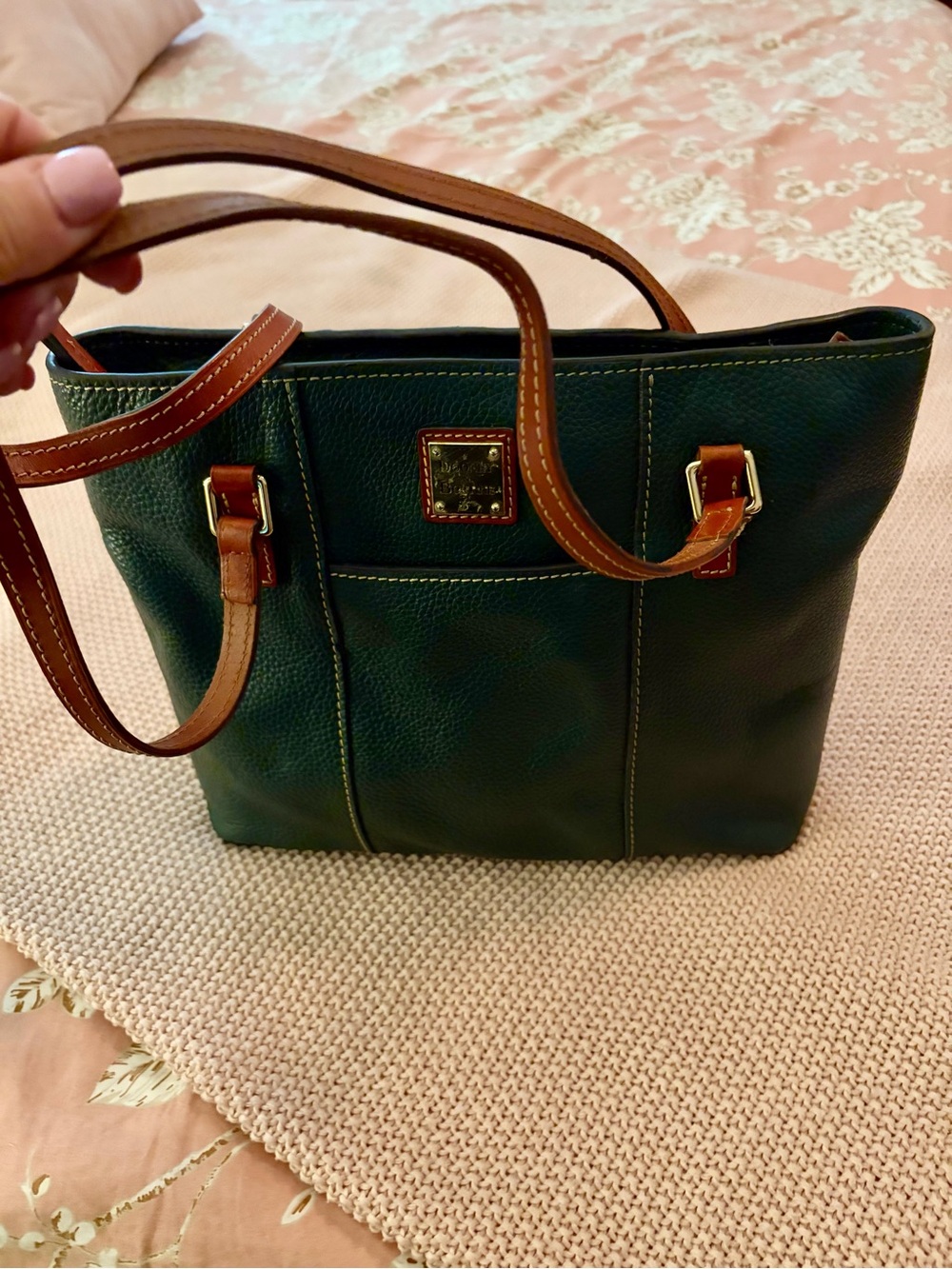 Dooney & Bourke Green Leather Tote with Brown Trim and Gold Hardware